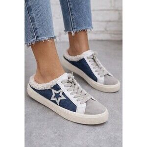 Women’s Denim Sherpa Lined Sneakers Star Detail Slip-On Mule Blue Casual Shoes 6